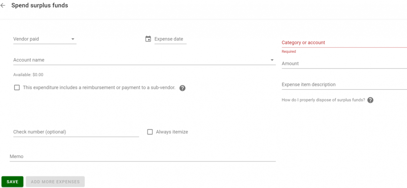 Screenshot of ORCA showing spend surplus funds page